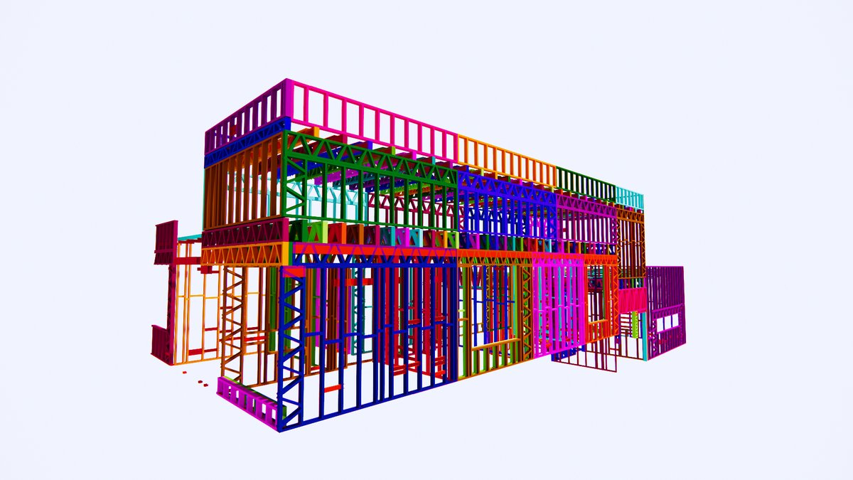 Modelo BIM de um edifício em light steel frame, com cada família de elementos
              a uma cor, visto em perspetiva.